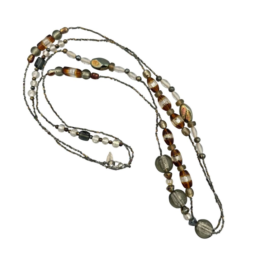 Coldwater Creek Brown Neutral Multi Shape Beads Seed Bead Layering Long Necklace